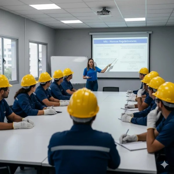 Instrutora acompanhando alunos durante um treinamento com notebooks